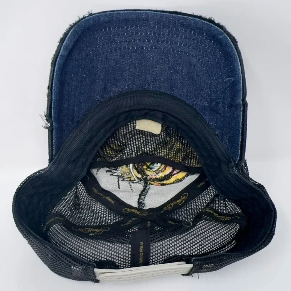 VTG Y2K Ed Hardy Trucker Hat Embroidered Tattoo Tiger Head Black Mesh Snapback - Picture 13 of 13